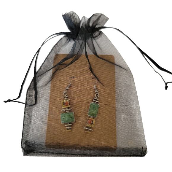 Boho Green Orange Dangle Earrings Pierced Silver Tone 1.9" Drop Jewelry Gift Bag - Picture 9 of 10